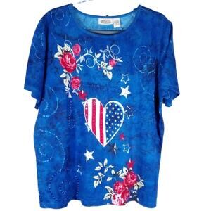 Collections Etc T-Shirt XL Patriotic Flag Heart American Floral Top Short Sleeve